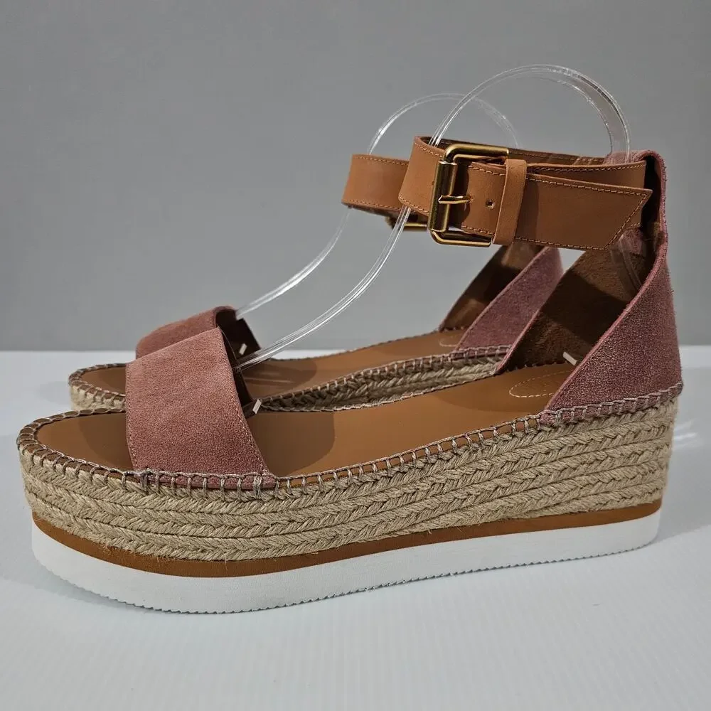 See By Chloe Glyn Platform Espadrille Sandal Womens EU 41 Pink Suede Wedge NEW
